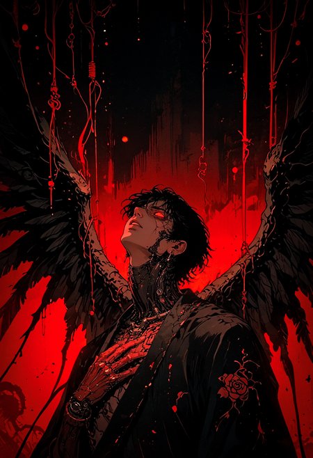 score_9, score_8_up, score_7_up, solo, 1boy, from side, no pupils, blank eyes, falling, 1arm up, 1hand on chest, male focus, dripping, chaos, black background, red theme, abstract, dark aesthetic, Sinozick, wings, multiple wings, robotic circuits, looking up, flat, retro, dated, f3nn3r, dark theme, gloomy, chain, wires, <lora:sdxl_lightning_8step_lora:1> <lora:Art_Adams_Style_Pony_XL:0.4> <lora:Dark_Anime:0.2> <lora:glowneon_xl_v1:0.4> <lora:nostalgia-000011:0.4>   <lora:Sinozick2:0.4>   <lora:f3nn3rXLP:0.8>