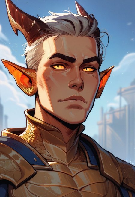 score_9, score_8_up, score_8, score_7_up, score_7, score_6_up, score_6, score_5_up, handsome man, light skin with a hint of red, glowing white eyes, silver hair, gold accessories, armor, (dragon scales, dragon scales on face, gold scales:1.1), monster ears, jagged ears, emotionless expression, vox machine style, 1boy, male focus, solo, close up portrait , fantasy, sky background, (dynamic lighting:1.1)
((masterpiece))