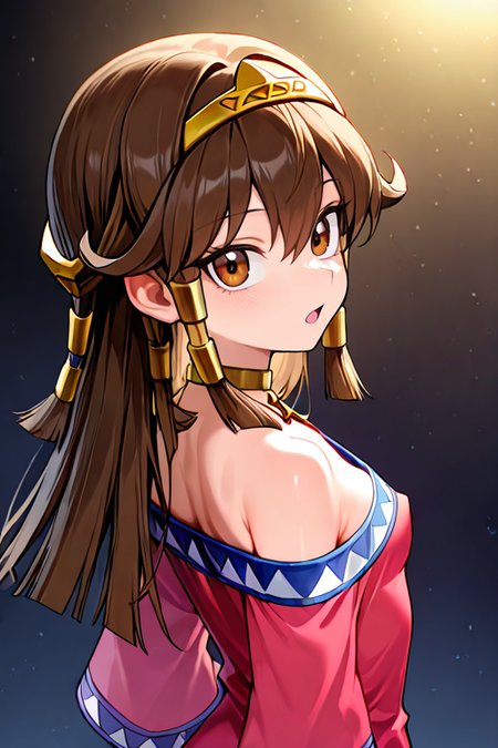 masterpiece, High quality, Ultra detailed, 2d, newest, absurdres, highres, BREAK
1girl, solo, egyptian, <lora:sera:0.8>, sera_(yu-gi-oh!), long hair, brown hair, sidelocks, hairband, hair tubes, jewelry, hair between eyes, brown eyes, choker,
small breasts, seradef, off-shoulder dress, dress, ankh, bracelet, 
from behind, open mouth, looking at viewer,