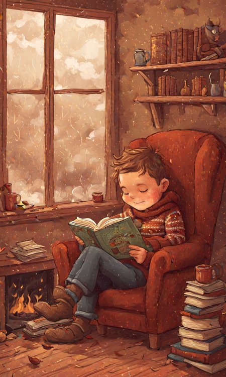 <lora:Childrens_book_illustration-000001:0.7> <lora:Johan_Potma_Art_Style_SDXL-000008:0.7>  childrens_book_illustration potma style
stormy weather hot chocolate in cozy reaeding nook, cartoon boy in fluffy sweater reading a book, warm colors, detailed, autumn outside, fireplace
masterpiece, dribbble
