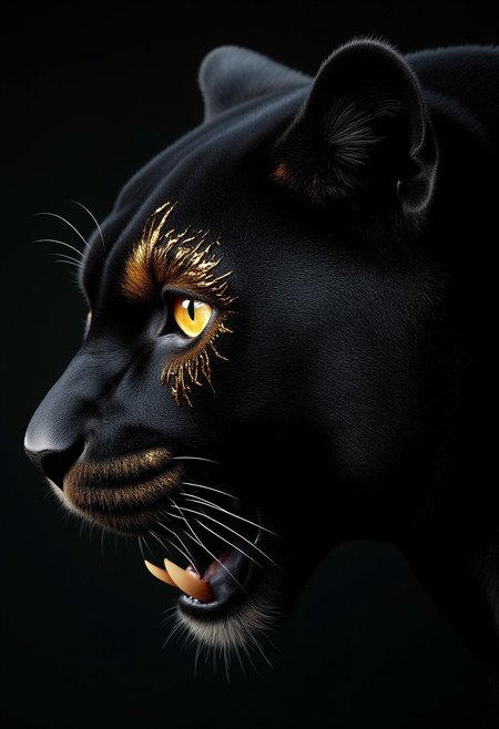 The extreme macro photo captures a fearsome black panther's left eye, bathed in a dark and inky contrast. Its piercing pure gold eyes and sharp teeth are visible in the background. The panther's dark fur, matted and messy around the eye due to the spray paint, contrasts dramatically with the metallic gold markings that adorn its face, particularly around and over the eye, resembling scales or armor. The spray paint gives the markings a wet, messy appearance. The photo is highly detailed and intricate.
 perfection style,mad-cybranmls, front view
