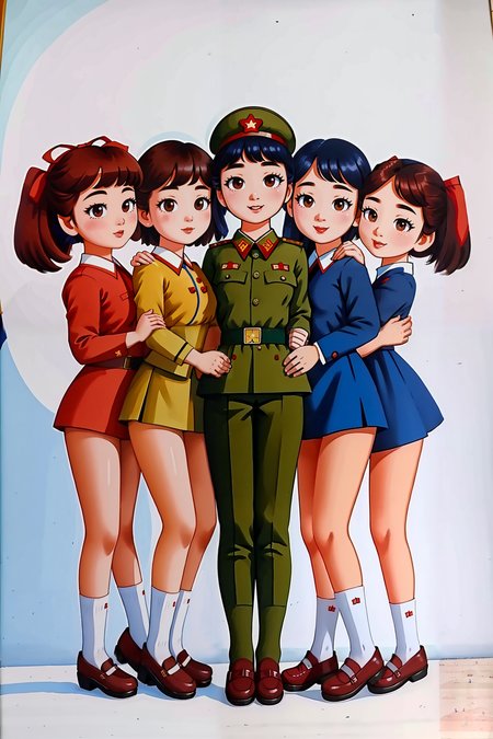 group of asian girls huddled together, bottomless, barefoot, holding each other, north korean military uniforms, north korea flag,  (masterpiece, high quality, best quality intricate, detailed),  <lora:DPRKPropaganda:0.8>