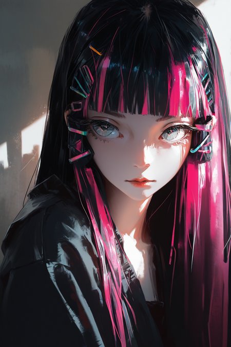 best quality, masterpiece, very awa, absurdres,    <lora:high_detailILL:0.6> high_detail, dino_(dinoartforame), <lora:Smooth_Booster_v2:0.6>, <lora:Niji_oil_painting_drawing-anime:0.8>, anime, 
Bold, rebellious, and edgy, High-contrast lighting with chromatic aberration, Overlayed with retro VHS static effects and glitch textures,
cool girl, solo, portrait, black hair, straight hair, hime cut, long hair, straight bangs, pink hair highlights, pink hair clips, short bangs, bangs above eyebrows, big eyes, grey eyes,