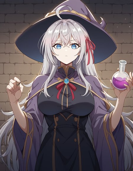 score_9, score_8_up, score_7_up, source_anime, alisamikhailovnakujou, <lora:alisa-mikhailovna-kujou-s1-ponyxl-lora-nochekaiser:1>, alisa mikhailovna kujou, long hair, bangs, blue eyes, hair ribbon, ahoge, grey hair, red ribbon, large breasts,, <lora:wizard-ponyxl-lora-nochekaiser:1>, wizard, wizard hat, robe, dress, long sleeves, gloves,, indoors, bricks, potion, flask, vial,, cowboy shot,