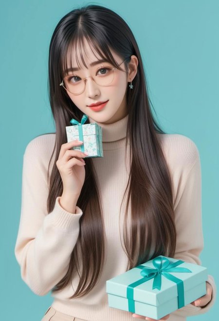 1girl opening gift box, , full of love
parted lips, long hair,  hair between eyes, looking at viewer, bangs,  aqua hair, turtleneck,   glasses