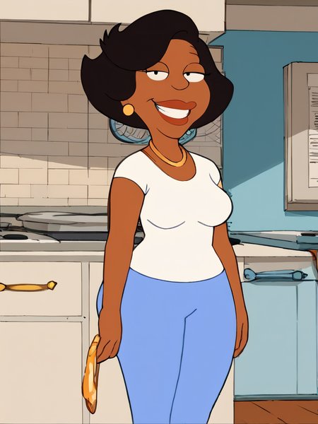 donna, dark skin, black hair, dark-skinned female, 1girl, jewelry, earrings, short hair, solo, necklace, flat color, shirt, white shirt, lipstick, pants, blue pants, mature female ,teeth,  <lora:DonaPony2.0:1>, smile, looking at viewer,  score_9, score_8_up, score_7_up, score_6_up, score_5_up, score_4_up