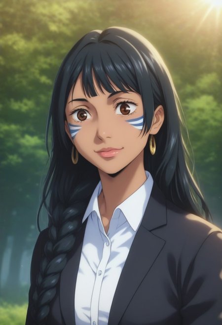 score_9, score_8_up, score_7_up, source_anime, intricate details, anime screencap, perfect balance, official art, extremely detailed CG unity 8k wallpaper, perfect lighting, Colorful, Warm_Front_face_Lighting, (masterpiece:1.0),(best_quality:1.0), ultra high res,4K,ultra-detailed, photography, 8K, HDR, highres, absurdres:1.2, Kodak portra 400, blurry background, bokeh, lens flare, (Anime) (vibrant_color:1.2), professional photograph, night, (cute_face:1.2), 2d, anime, upper body, intricate iris, American, Professional character design, 1girl, female focus, (Brown eyes), perfect eyes, (black-hair), Native American, Indigenous, American Indian, youthful, solo, jujutsu_kaisen_style, character portrait, (perfect-lighting), face, young, (Dark-black-hair), Long hair, (Native American), Indigenous, American Indian, (((wild eyes))), (Native North American), (Upturned eyes), (high cheekbones), (strong jawline), (Black Hair), (Black Cowboy Jacket), (((wild eyes))) ((Bobbed Bangs)) (((Slanted-Eyes))) (Psycho) (Happy) (Friendly) (Goofy) (Dark Black Jacket) (White Dress Shirt), (Redwood Forest, Pacific Northwest Forests), (Inuit), Inuit Braids, (Tan skin), (Dark Skin), (Brown skin), (bobbed hair), White Eagle-Feather-Earrings, Thick Bangs, Bobbed hair, Bob-cut, White-Feather-Earrings, Brown-skin, Full-Bangs, Wide-Bangs, Thick-Hair, Black Suit & Tie, Mullet, Blue-Facepaint