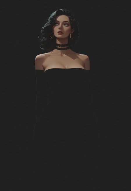safe_pos, (Blend_in, black background), score_9, score_8_up, score_7_up, (high contrast, sidelightning, cowboy shot), mature, beautiful, stunning, 1girl, solo, 38 y.o gorgeous russian MILF, green eyes, long silky black hair, gold hoop earrings, choker band, (tanned skin:0.8), matte red lips, parted lips, black evening dress, slit dress, elbow gloves, black clothes, bare shoulders, looking away, head turned to the side, arms at sides