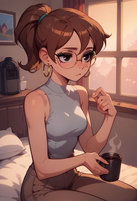 score_9, score_8_up, score_8, medium breasts, 1girl, (skinny), cute, eyelashes, firm breasts, (petite girl), rating_questionable, pretty girl, vivid colors, indoors,
julie powers, brown hair, black eyes, grey top, glasses, sleeveless, brown pants, hoop earrings, ponytail,
tired, morning, on bed, sitting, dynamic pose, dynamic angle, holding coffee cup,