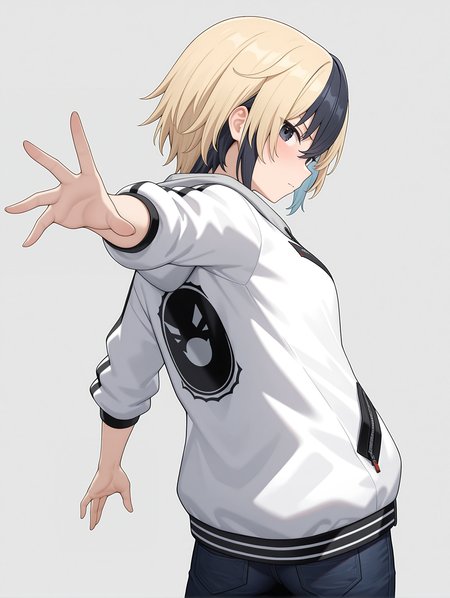 masterpiece,best quality,newest,
1girl,solo,
<lora:Tatsumi_Ryuko_ilxl_v1.0:1>,t_ryuko,short hair,black eyes,blonde hair,black hair,multicolored hair,
c_n,white hooded jacket,open jacket,jacket,denim,
<lora:Fixhands_anime_bdsqlsz_V1:1>,face_focus,looking_at_viewer,open_stance,standing,light_blush,white_background,from behind,from_back,looking_back,