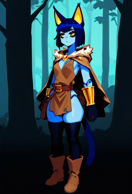 <lora:AshFondue_Illustrious_v8:0.9>, no lineart, 
blue cat ears, blue cat tail, (blue skin: 1.4), colored skin, yellow eyes, cat pupils, dark blue hair, medium hair, bobcut, doll joints, bored, jitome, black eyeshadow, flat breasts, medium hips, short, dark blue ears, dark blue tail, gold inner ear, gold details,  thief cloak, fur trim, long sleeve tunic, belt, purse, black leggings, boots, long gloves, long boots, skirt, dirty clothes, dark clothing, brown and black clothes, thick clothes, bracers, rogue, thief, fantasy, woods, hood down, thick gloves, gold forearm bracers,
BREAK masterpiece, best quality, detailed background,