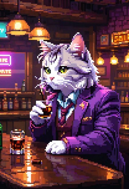 pixel-art, modeltrue, best quality, 4k, hd, a cat in a bar looking nostalgic smoking a cigar and drinking alcohol, low light, ray tracing, smoke, purple_(theme), white neon lights, melancholic, wide angle, cowboy shot.