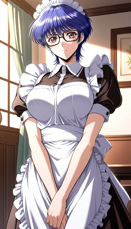 masterpiece, best quality, good quality, <lora:Kurata_arisu_IS:1>Kurata_arisu, blue hair, no glasses, 
short hair, large breasts,brown eyes, yokota mamoru style,
1girl, solo, maid, maid headdress, apron, short sleeves, looking at viewer, black-framed eyewear, maid apron, v arms, frown, enmaided, puffy sleeves, dress,
Western-style building in the room.