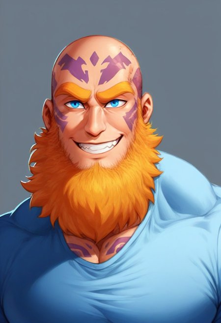 score_9, score_8_up, score_7_up, score_6_up, score_5_up, score_4_up, rating_questionable <lora:gomtang_style_1:1, <lora:add-detail-xl:1.5>, Very Long Big Beard, Yellow Facial Hair, Half Body, Closeup, Bust portrait, In The School/School Background, School Gym, School Scenery, 1boy, Strong Triangular Jawline, bodybuilding, massive pectoral, beefy muscle, Rugged Features, Mature Male, 40-Year Old, Short Bright Blonde Messy Hair, Hair Bangs, Goliath, Thick Yellow eyebrows, PE Teacher Shirt Outfit, {(Yellow Facial Hair)}, {{Completely Bald}}, {{Blue Body Tattoo}}, Looking At Viewer, Blue Eyes, Brawl Stars Style, Saying Hi, Smile, Highlights, {No Mustache}, Tall, <lora:Cruz'sBeardedMan:0.7>