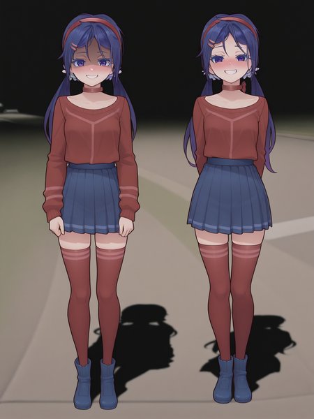 highres, hi res, best quality, masterpiece, 2d, intricate details, 4k, anime coloring, uncensored, shaded, shadow, countershading,
2girls, nose,eyelashes, nose, nose blush, grin, evil grin, yandere, long hair, bangs, blue eyes, hair ornament, twintails, blue hair, purple eyes, hairband, hairclip, parted bangs, red hairband, choker,
skirt, shirt, thighhighs, long sleeves, pleated skirt, blue skirt, zettai ryouiki, red shirt, blue footwear, red thighhighs, sweater,
standing, full body, outdoors, why dis ninja look so mad \(meme\), sisters, shaded face,
depth of field, black background, <lora:Madness_ILXL:1>, <lora:Mita_ILXL:1>