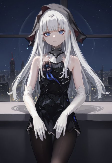 SanaAvernus, long hair, black dress, bangs, white gloves, bare shoulders, white hair, blue eyes, elbow gloves, veil, black pantyhose, sleeveless dress, blunt bangs, red eyeliner,

looking at viewer, head tilt, expressionless, closed mouth,

window, city, cityscape, dark, night, night sky,

1girl, solo, solo focus, highres, absurdres, light particles, shade, lens flare, shiny skin, fine fabric emphasis,