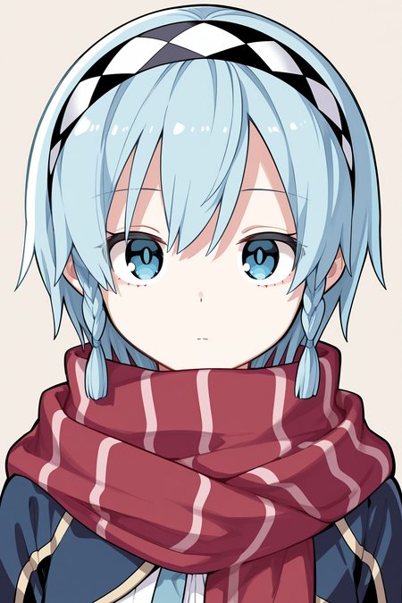 {{masterpiece,best quality,amazing quality}},
BREAK
1girl, solo, portrait, upper body, looking at viewer, simple background, blue hair, short hair, expressionless, twin braids, hairband, scarf, blue eyes
 <lora:Kishida_Koara_Style:1>