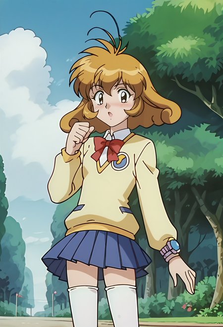 score_9, score_7_up, hd, (ultra hd quality details), source_anime,
solo, 1girl, kasugayuidef, antenna hair, anime screencap,
kasugayuidef, antenna hair, school uniform, beige sweater, long sleeves, blue skirt, pleated skirt, white thighhighs, wristwatch,
looking at viewer, blush, open mouth, 
standing,
<lora:_kasuga_yui-elesico-pony:0.9>