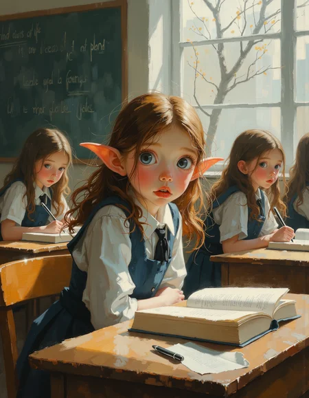oil painting of a close up, A young English student, an young teen elf girl, with wide, astonished eyes and mouth slightly open in surprise, floats gently above her school desk in a bright, airy classroom. Her school uniformâwhite blouse, navy skirt, and black shoesâflows upward, reacting to the sudden defiance of gravity. Books, papers, and a pen are suspended mid-air around her, emphasizing the unexpected movement. The elf has delicate, angular features and luminous, almost ethereal white skin. Her large, almond-shaped eyes are a striking shade of silver-blue, framed by long lashes, and she has small pointed elf ears. She has sleek, waist-length hair, silken and dark auburn, cascading in gentle waves down her back. Her body is short, skinny, and petite. Sunlight streams through large windows, casting soft, golden light on her perplexed expression. Her fellow students look on in amazement, some reaching out as if to help, while others stare in awe. The classroom has classic wooden desks, an old-fashioned blackboard with English grammar notes scribbled in chalk, and shelves lined with literature classics. The scene captures a surreal, dreamy quality with soft lighting and slight motion blur on floating objects. Masterful painting, oil on canvas, Focus on the girl, shadow and light, Masterpiece, intricate lines, intriguing atmosphere, sharp magnificent details, delicate features, elaborate details, (2\3 rule composition:0.5), ultra detailed, romantic, Rembrandt lighting, brush stroke, lovely, del1cate_balance style, novuschroma, in the style of Rembrandt. vantablack <lora:style_of_Rembrandt_FLUX_135:.8> <lora:- Flux1 - vanta_black_V2.0:.4> <lora:Delicate_Balance:.3> <lora:neeeg_f1:-1> <lora:113_novuschromaFLX_1:.3> <lora:Midjourney_Whisper_Minimal:.3>