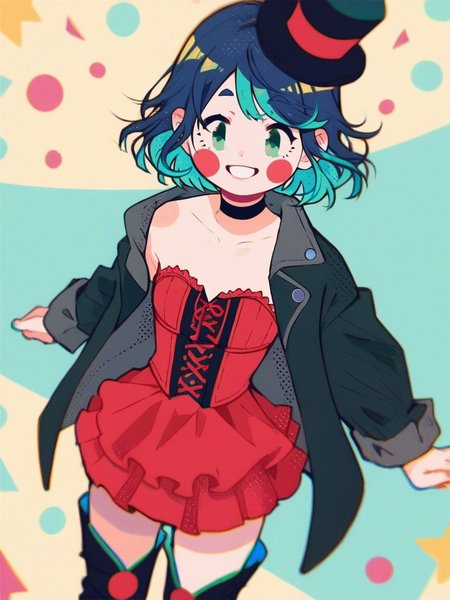 score_9, score_8_up, score_7_up, cute girl, big smile, expressive, open clothes, black top hat, skimpy clothes, short black coat, red corset, green eyes, swirled bangs, blue wavy short hair highlights, blue hair, thigh boots, mini red skirt, front hair swept to the side, green eyebrows, from above, circus clothes, looking at viewer, cowboy shot, smile, cute, wide shot, solo, dutch angle, detailed background, 
 <lora:ANemupan_style:1>, Nemupan, flat color,