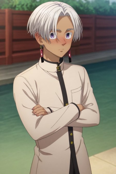 score_9, score_8_up, score_7_up, source_anime, rating_safe, intricate details, semi-realistic, looking at viewer, depth of field, 1boy, solo, male focus, <lora:izana_kurokawa_pony:0.94>, izana_kurokawa, white hair, purple eyes, short hair, , , wide angle, wide shot, cowboy shot, east asian architecture, noon, crossed arms, embarrassed, nose blush, , <lora:sdxl_lightning_8step_lora:1>