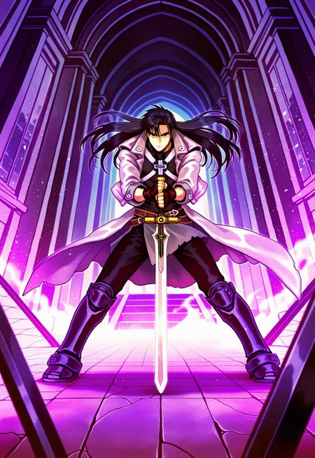 masterpiece, best quality, amazing quality, very aesthetic, absurdres, newest, 1boy, adult, male focus, hugbaldw, cutoff jacket, body harness with holy cross design, (long hair, black hair:1.1), charcoal greaves, long gray skirt, black shirt, black pants, black fingerless gloves, standing, serious expression, holding single sword, dark throne room, close up, action pose, sword