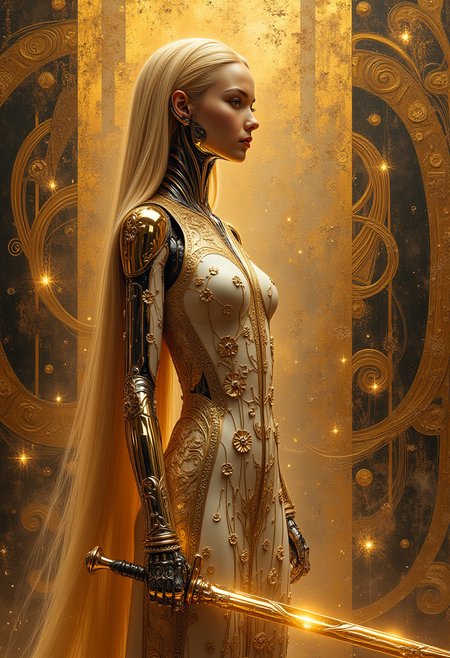 In this imaginative artwork, I envision a scene that blends the art style of Gustav Klimt with the aesthetic beauty of future mechanical technology. Klimt was an Austrian symbolist painter known for his unique floral decorative patterns, gold backgrounds, and abstract human figures. Applying this style to a cyborg idol girl warrior would create a visual effect that is both classical and modern, dreamy yet powerful.

Photo description:

In the center of the painting, a cyborg girl warrior stands with an elegant posture. Her body is made of smooth metal and transparent fiberglass, shimmering with soft and enchanting light. Her hair falls softly like golden silk, each strand seemingly embedded with tiny gems, emitting a warm glow.

The mechanical girl's face is delicate and fine, her large eyes bright and focused, lips tightly closed as if waiting for the call to battle. The skin on her body features floral patterns similar to those often found in Klimt's works, but these patterns are meticulously engraved by metallic lines and smooth surfaces, showcasing both mechanical aesthetics and maintaining the art style's gracefulness.

The warrior wears a dress adorned with gold feather edges and complex armor designs, elements also commonly seen in Klimt's work. Her weapon is an exquisitely crafted mechanical longsword, its blade composed of multiple layers of intersecting metal strips, each layer delicately engraved with abstract floral patterns, the tip of the sword flashing with sharp yet elegant light.

The warrior stands in an environment full of futuristic technological feel, against a backdrop of large devices made from flowing metallic lines and shimmering electronic ribbons that seem to power her battle. The entire scene is shrouded in a layer of golden mist, giving off a sense of mystery and power simultaneously.

This photo creates a unique charm and extraordinary capability for the cyborg idol girl warrior by combining Gustav Klimt's art style with the aesthetic beauty of future mechanical technology, presenting a visual effect that is both classical and modern, dreamy yet powerful.

8k,uhd,hdr,best quality,hyper detail,ray tracing,cinematic feel,professional photography lighting.

midjourneyv6.1.