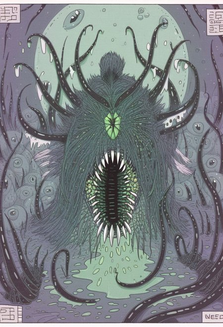 green Cthulhu, tentacles, open mouth, sharp teeth, dark swamp, big, massive, bioluminescent mushrooms, fireflies, eerie moon
