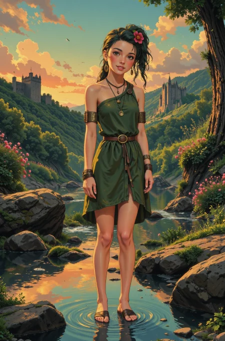 cornrows green hair young woman, druid, anime, illustration, extremely detailed, portrait, standing, happy smile, flower in hair, glossy lipstick, celtic necklace, dangle earrings, loincloth, sandals,  Birch druid short dress, legs, sharp focus, fantasy, celtic landscape, small rock, moss, ripples, reflections, celtic  castle, small river pond, druid forest, druid village, stunning nature environment, enchanted land, clovers, Bright Flamingo Pink flowers, best quality, colorful, wet floor, bright sunny sky, sunset, raytracing, hdr, high contrast, ethereal natural lights, backlight, lens flare, shadows, vibrant colors, colorful, pretty, beautiful, happy, smiling, feminine, sexy, lovely, in love, adorable, fashion,  <lora:Hand v2:1> <lora:Anti-Blur:1><lora:Insane Detail Slider:0.5>  <lora:flux.1_lora_flyway_Epic-detail_v2:0.3><lora:fluxenhancer:0.5> <lora:RetroAnimeFluxV1:0.4> <lora:Luminous_Shadowscape:0.4> <lora:SujatmikoArafuru_Flux:0.2> Suzume style