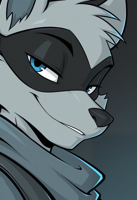 masterpiece,best quality,amazing quality, 1boy, solo, c00p3r, anthro raccoon, grey fur, blue eyes, eye mask, close up, side angle, smirk,