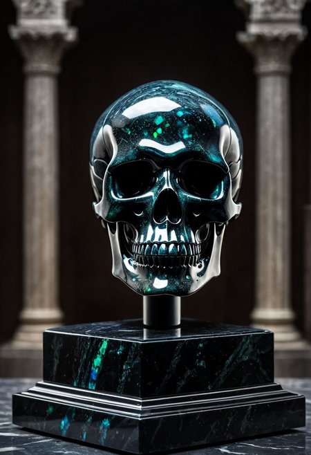Fujifilm XT3, Sony A7 IV, (award winning photography) a black marble skull made of opal set on a pedestal in temple, glistening. in the background beautiful pillars, divine (iridescent: 0.79), opalescent textures, volumetric light, ethereal, sparkling, studio photo, highly detailed, sharp focus (highest quality: 1.39) (highest coherency: 1.39) (award winning photography), highly detailed photography, (muted colors, cinematic, dim colors, soothing tones:1.2), vibrant, insanely detailed, hyperdetailed, (dark shot:1.2), (vsco:0.3), (intricate details:0.9), (hdr, hyperdetailed:1.2) (vignette), sss