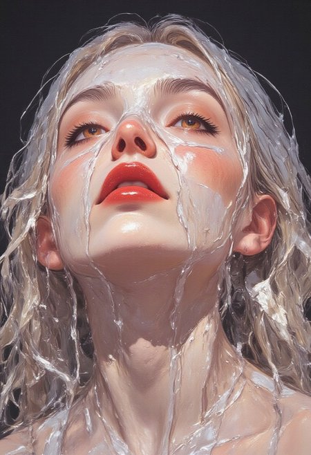 The image is a high-resolution photograph of a person's face, taken in a dramatic, almost surreal style. The subject is a woman with a fair complexion and striking features. Her face is covered with a sheer, white mesh fabric that drapes over her nose and mouth, creating a ghostly, ethereal effect. The mesh is translucent, revealing the contours of her face underneath. 
Her lips are painted a vibrant, bold red, which contrasts sharply with the pale skin and the white mesh.