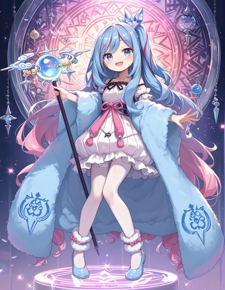 (score_9:0.9),score_8_up,score_7_up,rating_safe,anime style,(zPDXL),(zPDXL3),
<lora:Witchcrafter Madame Verre ponyXL v1:0.72>,witchcrafter madame verre, 1girl, solo, blue shoes, staff, open mouth, white pantyhose, holding staff, smile, :d, looking at viewer, magic circle, fur trim boa, white sleeveless dress, blush, full body, white detached sleeves, crystal hair ornament, one side up, white ankle cuffs