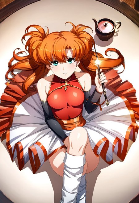 masterpiece,best quality,very aesthetic,absurdres,fantasy,solo,1girl,
<lora:tiaris_v1:1>,tiaris,t_clothes,wand,shiny hair,aqua eyes,red leotard,orange hair,detached sleeves,white mini skirt,white footwear,<lora:Fixhands_anime_bdsqlsz_V1:1>
 (tea table, holding teacup, tea pot), sitting, crossed legs, pov, from above,,masterpiece,best quality, very aesthetic, absurdres, ultra detailed, high resolution, 4k, extremely detailed CG,