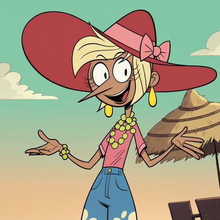 score_9, score_8_up, score_7_up, 1girl, Fifi, blonde hair, short hair, dark skin, hat, jewelry, earrings, necklace, flat chest, narrow waist, wide hips, looking at viewer, highres, high quality, masterpiece, <lora:Fifi_Dufus:0.8>