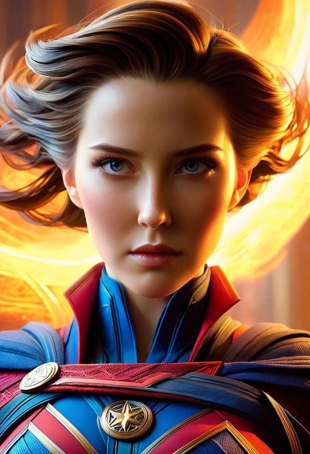 A young woman, hyper-realistic, wearing a intricately detailed Doctor Strange outfit, with a mystical aura, soft lighting, and a warm color palette, captured in a close-up shot from a slightly low angle, emphasizing her determined expression, with subtle shadows and textures, in the style of a cinematic digital painting.