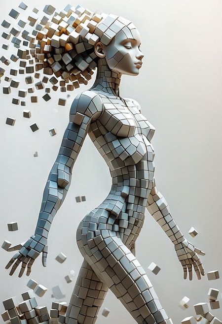 artcbd, Create an image of female figure composed entirely of cubes in various sizes. The figure should appear as if constructed from these geometric shapes, with distinct cubes forming the head, torso, arms, and legs. The cubes vary in size to represent different body parts proportionately, creating a visually interesting and abstract representation of a human body. The composition should be clear, with a focus on how the blocks assemble to mimic human anatomy. The background should be neutral to emphasize the figure