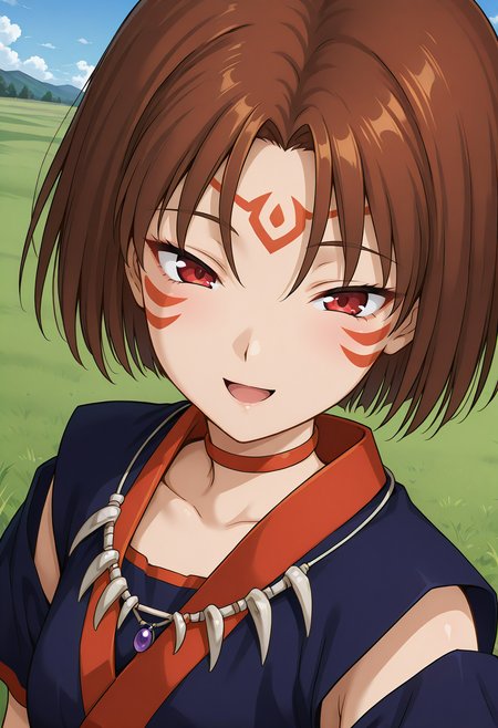 kuon_tutigumo_miki, red eyes, brown hair, short hair, facial mark, jewelry, necklace, choker, short sleeves, blue kimono, short kimono, <lora:kuon_miki_illustrious_ver1:0.8> 
smile,, masterpiece, best quality, sensitive,, 1girl, solo, blue sky, (grasslands:1.2), looking at viewer,, (upper body:1.2), (close-up:1.2), (facing viewer:1.2), (open eyes:1.4), (portrait:1.2)