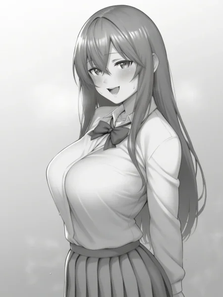 1girl, standing, looking at viewer, uncensored, score 9 up, score 8 up,
 <lora:Herio_YaMiTsuKi_Pheromone_Doujin_Style_PonyXL:1>,monochrome, greyscale, large breasts, blush, hetero, long hair, sweat, open mouth, school uniform, , smile,