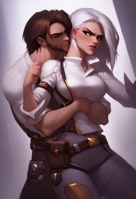 8k resolution, core_9, score_8_up, score_7_up, large angle, wide angle, photorealism, photorealistic, shiny skin: 0.5, ruanyi0481,
BREAK AsheOW and CassidyOW, Two different characters, different body's, different hair style, different clothes, different eyes, different face's, different outfits, different belt's, different pants, different shirts, different color hair, different persons,
BREAK Action description:(Ashe pushing Cassidy away), Hug lock, kiss, detailed eyes,
BREAK FIRST CHARACTER (FEMALE):(Ashe(Overwatch) description: dark-red eyes, makeup, lipstick, tattoo, women, girl, white sweater, black jeans, ick face, big chest, big boobs, big breasts, big booty, big ass, white hair, outraged face, ICK EYES,), 
BREAK SECOND CHARACTER (MALE):(Cassidy(Overwatch) description: Beard, Stubble, man, boy, brown hair , brown eyes, kissing cheek , brown sweater, blue jeens, wide waist, large belt buckle that spells "BAMF", wide body, big body, big muscles, wide legs,),
<pony:Ashe:1>,<pony:Cassidy:1>