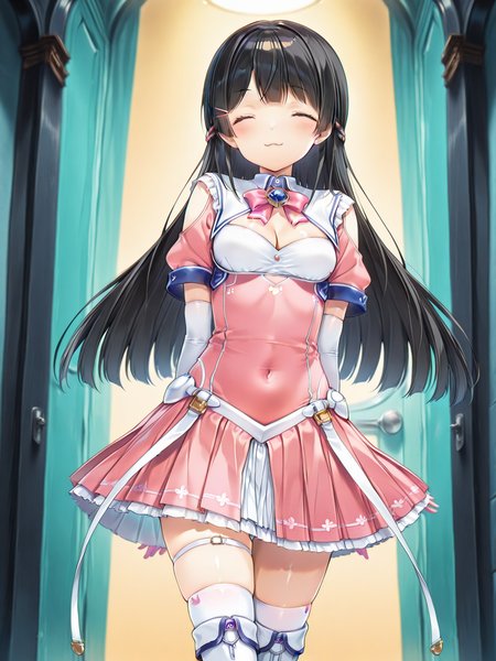 1girl, 
(tsukino mito:1.3), nijisanji, 

amazing quality, highest score, 16k, 8k, 4k, aidmaimageupgrader, illustriousanime, virtual youtuber, hair pin, black hair, blue eyes, nijimito, EscalayerCostume, white elbow gloves, short pink dress, yellow ribbon, white knee boots, pink covered navel, magical girl, cleavage, thigh strap, pink skirt, clothing cutout, blush, skirt, dress, breasts, gloves, elbow gloves, hair ornament, cleavage cutout, standing, parody, open mouth, long hair, standing on one leg, boots, white gloves, ribbon,

a vibrant and whimsical illustration by the artist kuroi enpitsu, known for their distinctive style in character design. She is dressed in an elaborate outfit that includes a pink dress with intricate details, white gloves, and tall boots. Her hair is adorned with various accessories, including bows and ribbons, adding to her charming appearance. The background features a gradient of colors, transitioning from blue at the top to pink at the bottom, enhancing the overall magical atmosphere of the scene.

score_9, score_8_up, score_7_up, source_anime, masterpiece, best quality, very aesthetic, absurdres, explicit