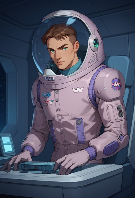 embedding:Pony\Positive\zPDXL3, score_9, score_8_up, score_7_up, 1boy, timscam_ts!, brown hair, short hair, green eyes, spacesuit, helmet, science fiction, spaceship interior, cockpit, control, buttons, best quality, high resolution, masterpiece.