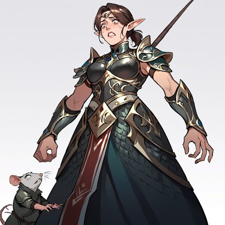 score_9, score_8_up, score_7_up, rating_safe, low angle shot,
brown hair, short ponytail, circlet, armor,
elf, mature woman, rat, looking at rat, scared, !,
<lora:HEPRINCESS:0.8>
