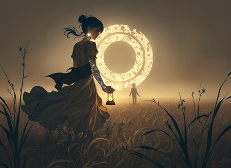 {    "T5": "A highly detailed, hyperrealistic scene of a person with bio ink markings on their skin, standing in a foggy, desolate field with a bashful expression, wearing a long, flowing dress that clings to their legs as the wind blows, holding a lantern that casts flickering shadows on the ground, with tall grass swaying in the wind around them, as they gaze at a dark, ominous shape in the distance with a look of terror on their face, the sky above a deep, foreboding grey, with the entire scene bathed in a warm, golden lighting that seems to emanate from the lantern",    "CLIP-L": "foggy desolate field, long flowing dress, lantern, dark ominous shape, bio ink markings, hyperrealistic, bashful expression, terrified gaze, tall grass, golden lighting, warm glow" }