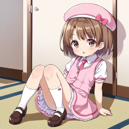 indoors,  <lora:Amatsuka_Sakura_IS:1> amatsukasakura, 1girl, solo, brown hair, short hair, brown eyes, necktie, pink headwear, pink hat, pink dress, white vest, necktie, dress, short sleeves, shoes, brown footwear, mary janes, child, chibi