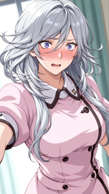 source_anime, general, best quality, masterpiece, 1girl, <lora:Ziony_Regis_ill_v1.0:1> ziony_regis\(srw\),blue eyes, white hair,grey hair, purple eyes,long hair,nurse,flustered, (embarrassed:0.9),  dynamic pose, dutch angle,