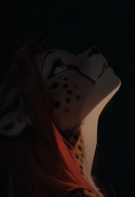 1girl, furry, anthro, cheetah, solo, dark, light, masterpiece, best quality, very aesthetic, close up, red hair, parted lips, looking up, eyebrow piercing,