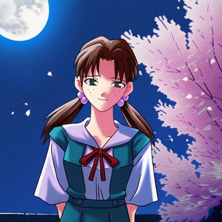masterpiece, best quality, outdoors, moon, night, moonlight, sakura, sakura trees, looking at viewer,   <lora:Tsukihime NXL:1>,masterpiece, best quality, very aesthetic, absurdres,1girl, hikari horaki, brown hair, twintails, freckles, hair bobbles, long hair, black eyes,ribbon, short sleeves, suspender skirt, tokyo-3 middle school uniform,
arms behind back, sad smile, upper body, looking at viewer, solo, <lora:HikariHorakiNoobXL_byKonan:1>