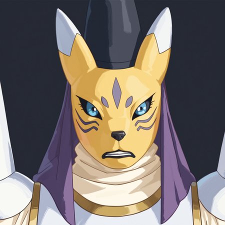 score_9, score_8_up, score_7_up, Expressiveh, masterpiece, best quality, highly detailed, realistic, (zPDXL3), 1girl, solo, (TaomonDT, furry, anthro, canine, fox, white ear tips, facial markings, black sclera, blue eyes, black pupils, black nose, black lips, yellow body, yellow fur, yellow tail, fluffy tail, dipstick tail, white tail tip, black headwear, eboshi, headdress, white shoulder armor, white robe, long sleeves, black belt, purple bottomwear, yin yang, arms down, sleeves past wrists), standing, closed mouth, (teeth), angry, looking at viewer, wide eyes, (black background, simple background), close-up, low-angle view, pixelsketcher, dutch angle