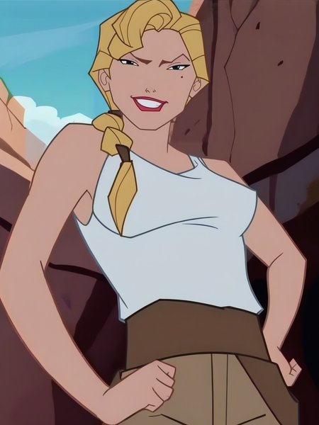 score_9, score_8_up, score_7_up, 1girl, cavern, rocks, sky, detailed background, detailed background, smile, looking at viewer, smile, cowboy shot, (dynamic pose:1.1), dynamic angle, hands on hips, sexually suggestive, from below, navel,
 <lora:HelgaSinclair_character:1>,HelgaXLP, blue eyes, blonde hair, single braid, mole under eye, lipstick, white shirt, belt, brown pants, no bra, tank top, anime screencap,